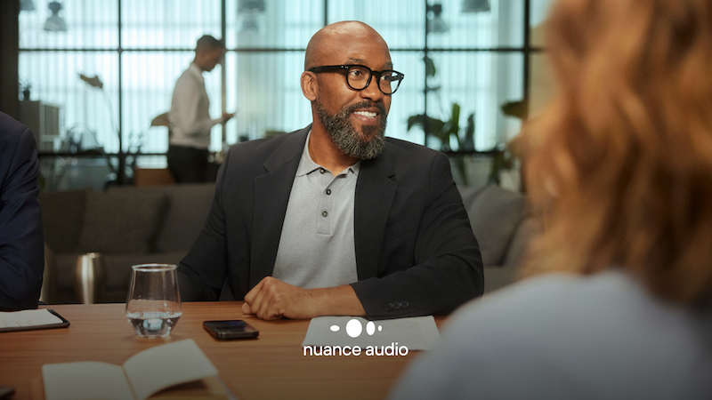 man at dinner wearing nuance audio glasses